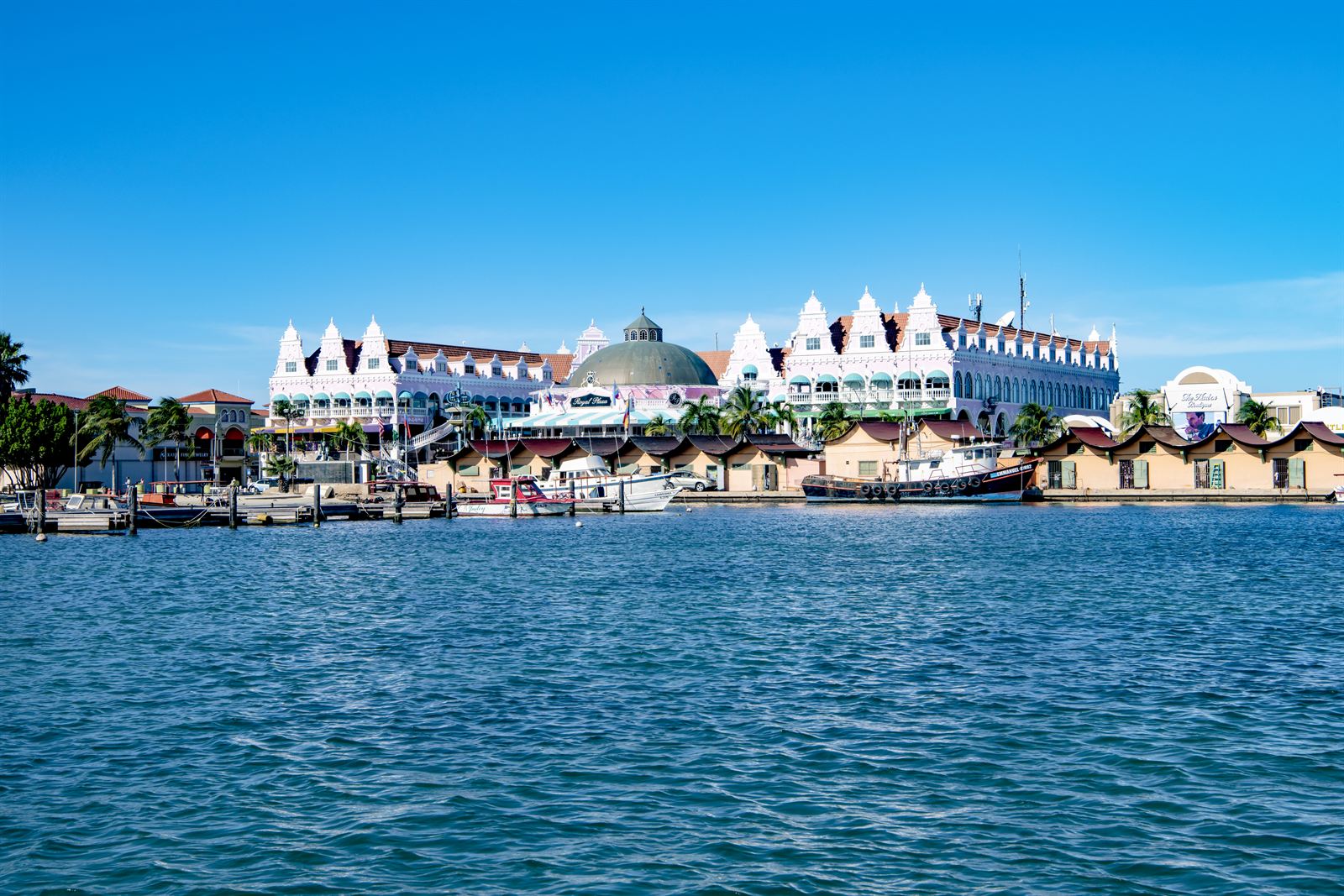 Pastel Dutch-colonial Royal Plaza Mall and marina on the Oranjestad waterfront, Aruba
