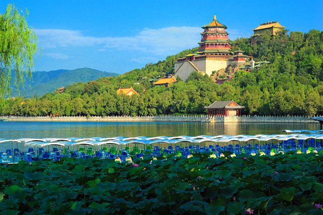 Summer Palace in Beijing with the Tower of Buddhist Incense on Longevity Hill above the lake