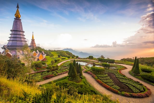 Royal pagoda and terraced gardens on Doi Inthanon, the mountain park near Chiang Mai, Thailand