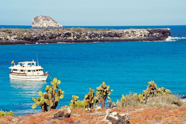 Tourist yacht in turquoise water below Kicker Rock with prickly pear cactus, Galapagos