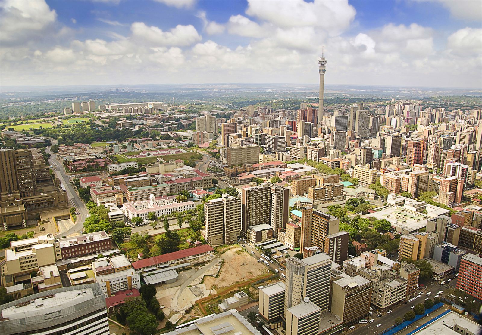Aerial view of central Johannesburg high-rises with the Hillbrow Tower on the skyline