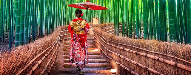 Woman in red kimono with parasol walking a fenced path through a tall bamboo grove, Arashiyama style