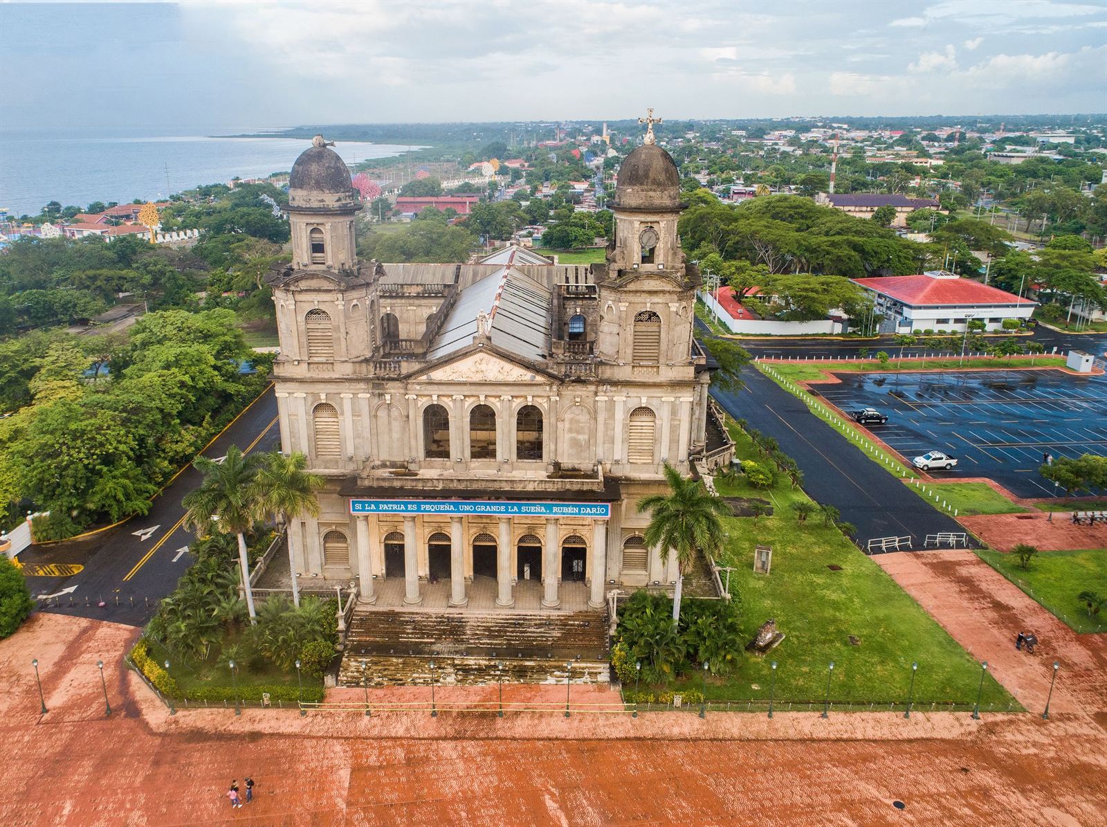 Aerial view of the ruined Old Cathedral of Managua with its twin towers near the shore of Lake Managua