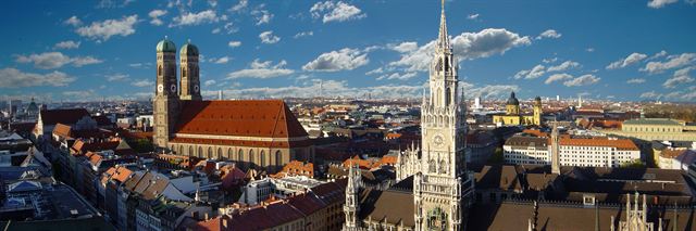 Munich old town panorama with the twin domed towers of the Frauenkirche and the New Town Hall spire