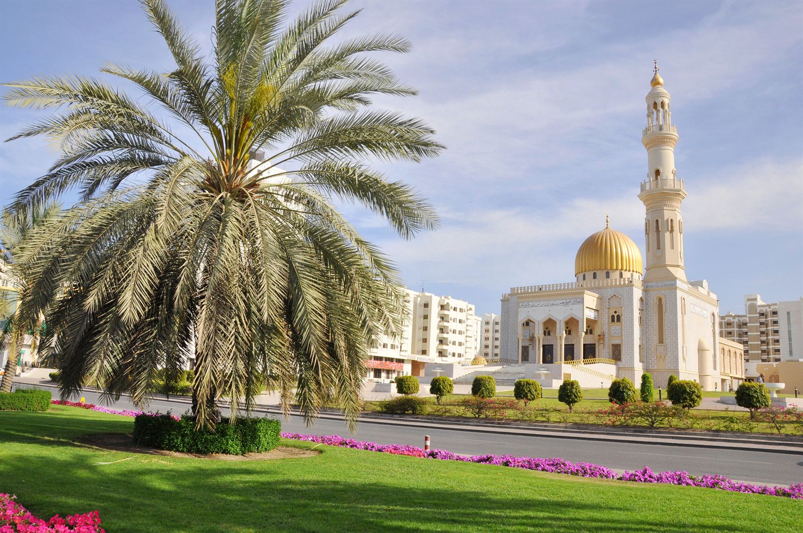 White Zawawi Mosque with its golden dome and minaret behind palm trees in Muscat, Oman