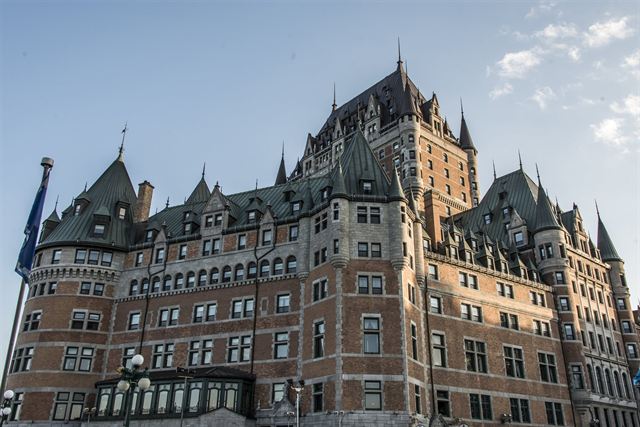 Chateau Frontenac hotel with copper roofs and turrets in Old Quebec City