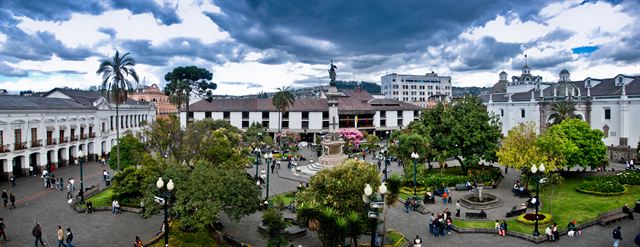 Independence Square in Quito’s colonial old town with its gardens and white government palace