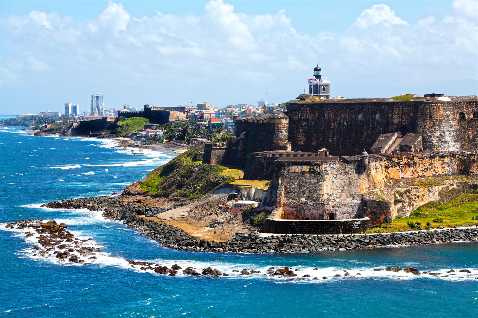 El Morro fortress and lighthouse on the rocky headland above the Atlantic in Old San Juan, Puerto Rico