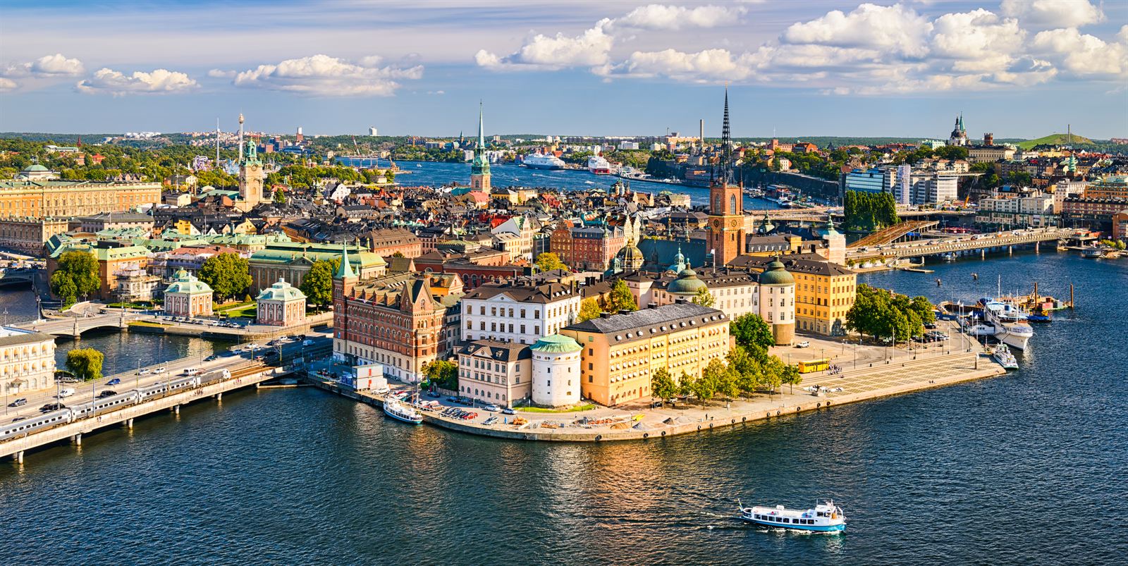 Aerial view of Gamla Stan old town island in Stockholm surrounded by water and bridges